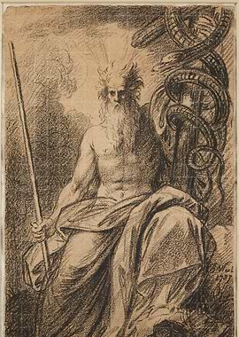 Mythological Figure with Staff and Serpent