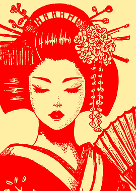 Geisha with Fan and Flowers