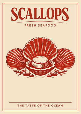 Vintage Scallops Poster, Seafood Kitchen Wall Art, Retro Ocean Food Illustration Print