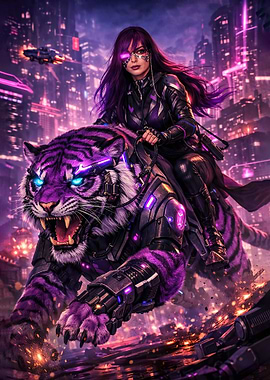 Cyberpunk Woman Riding a Mechanical Tiger