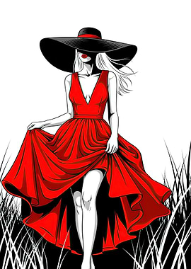Woman in Red Dress and Black Hat