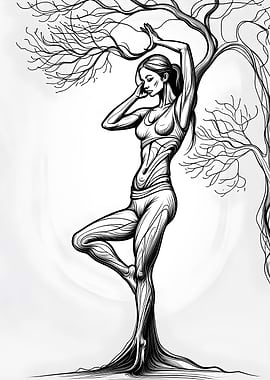 Woman Merging with Tree minimalist design