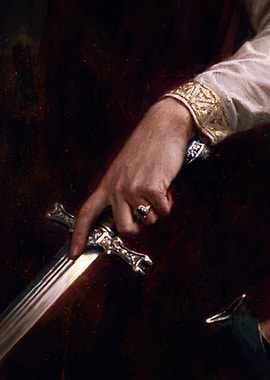 Hand holding a jeweled sword