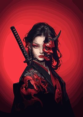 Samurai Woman with Oni Mask