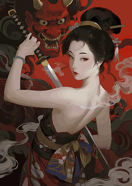Geisha with Katana and Oni Mask