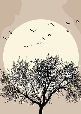 Silhouette of a bare tree against a large moon and flying birds