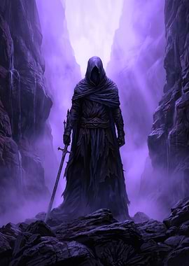 Mysterious hooded figure with sword