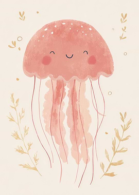 Cute Pink Jellyfish with Plants
