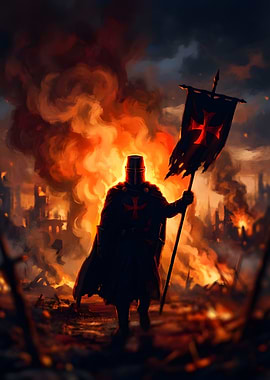 Knight with Burning City Banner