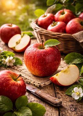 Fresh Red Apples on Wooden Table