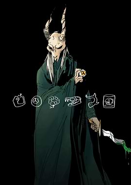 Demonic figure with symbols