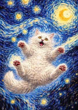 Fluffy White Persian Cat falling in the Starry Night Sky