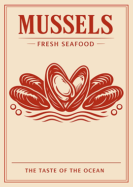 Mussels Vintage Poster, Fresh Seafood Kitchen Wall Art, Retro Ocean Food Print
