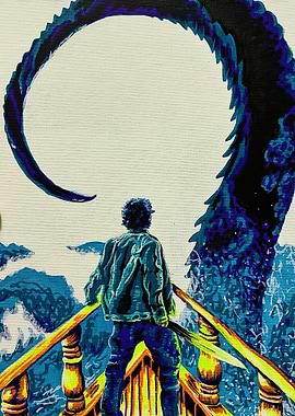 Man faces a giant dragon tail