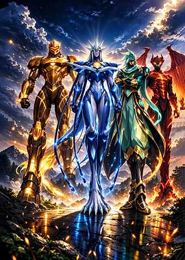 Four powerful armored figures in a dramatic landscape