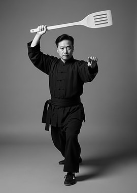 Man in Kung Fu Pose with Spatula