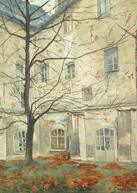 Autumn Courtyard with Bare Tree and Building