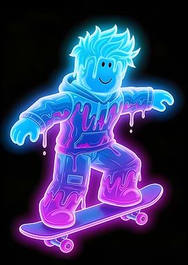 Roblox character skateboarding with neon glow