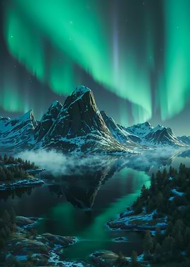 Aurora Borealis over Snowy Mountains