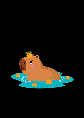 Cute Capybara in Water with Oranges
