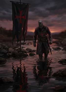Knight in Water with Tattered Banner