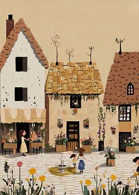 Charming Village Scene with People and Flowers