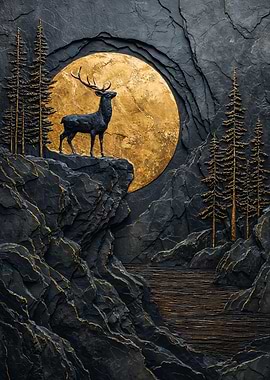 Golden Stag Moon Stone Relief