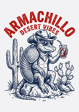 Armachillo Desert Vibes Poster, Funny Armadillo Cowboy Wall Art, Vintage Desert Print