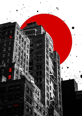 Neo Noir Cityscape Red Sun Architecture