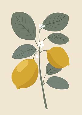 Lemon Branch with Fruit and Flowers