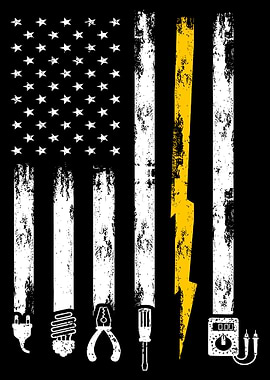 Electrician Flag Poster, Lightning Bolt American Flag Wall Art, Electrical Trade Print