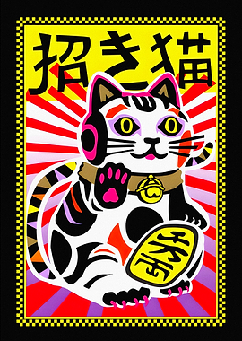 Maneki-neko with Japanese text and headphones