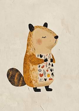 Cute Beaver Wearing a Patterned Apron