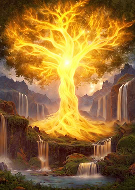 Glowing Tree of Life with Waterfalls