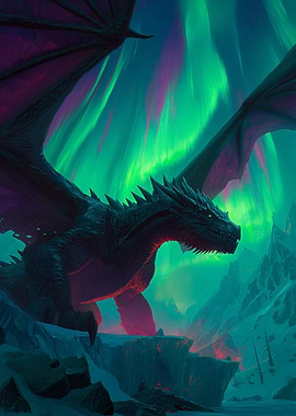 Aurora Ice Dragon Over Frozen Mountains