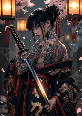 Tattooed Samurai Woman with Katana