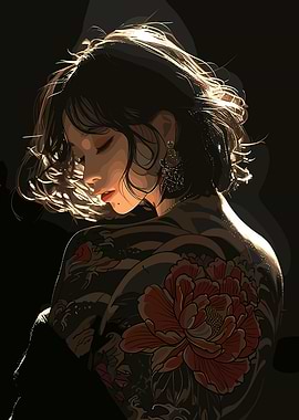Tattooed Woman in Dramatic Lighting