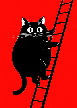 Black Cat Climbing a Ladder