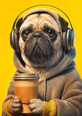 Pug with Headphones and Coffee