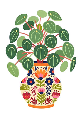 Pilea Plant in a Folk Art Pot
