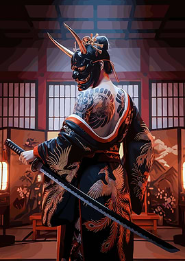 Geisha with Oni Mask and Katana