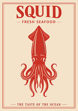 Vintage Squid Poster, Retro Seafood Wall Art, Red Ocean Kitchen Print