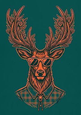 Hipster Deer with Sunglasses and Plaid Shirt