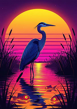 Heron and Fish at Sunset