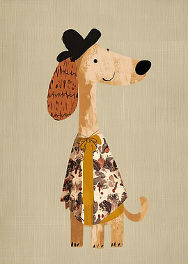Dressed Up Dog with Hat and Patterned Shirt