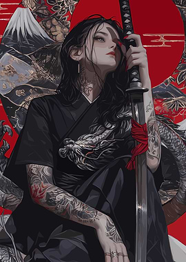 Samurai Woman with Katana and Tattoos