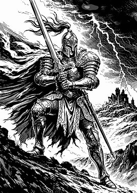 Knight in Armor with Sword and Castle