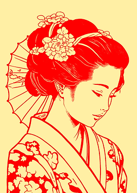 Geisha with Umbrella and Flowers