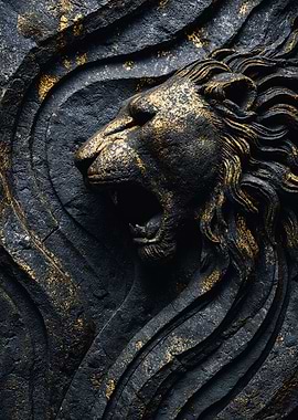 Golden Roaring Lion Stone Relief