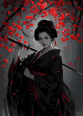 Geisha with Katana and Cherry Blossoms
